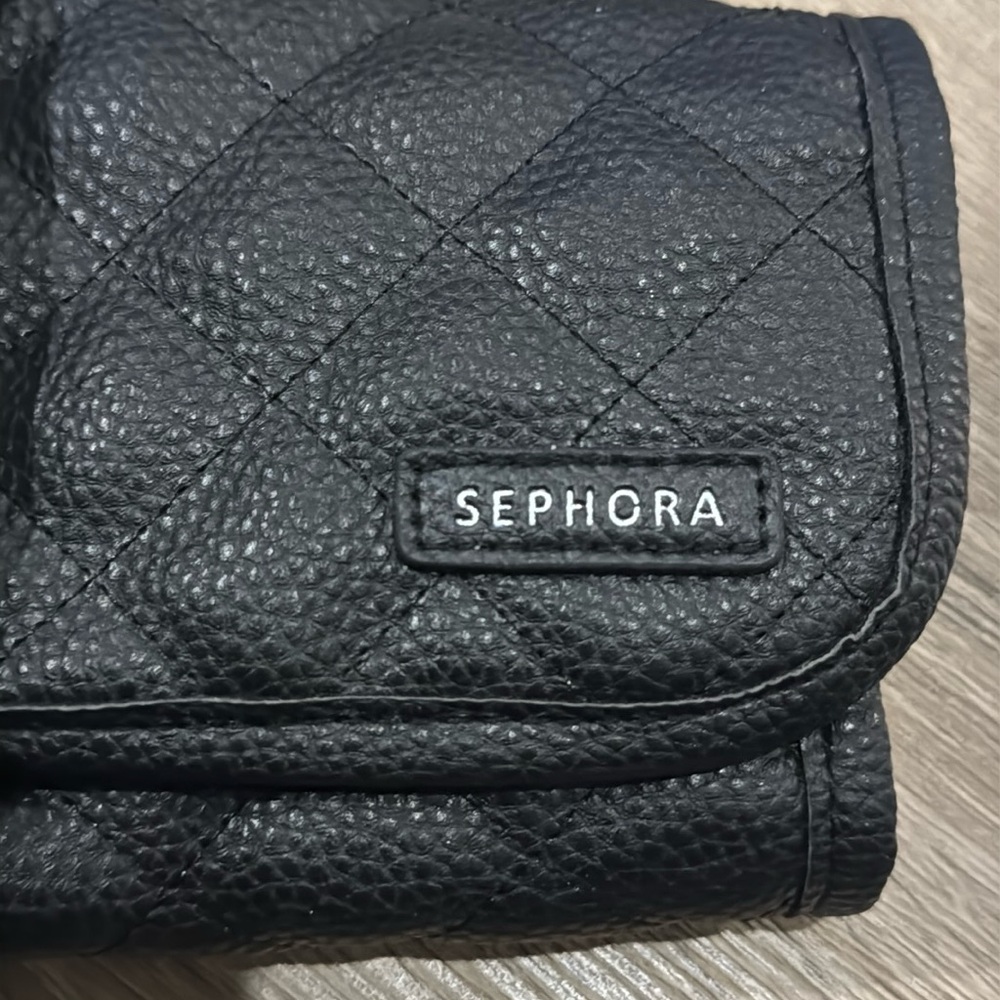 Sephora Black Quilted Cosmetic Bag brush holder faux leather